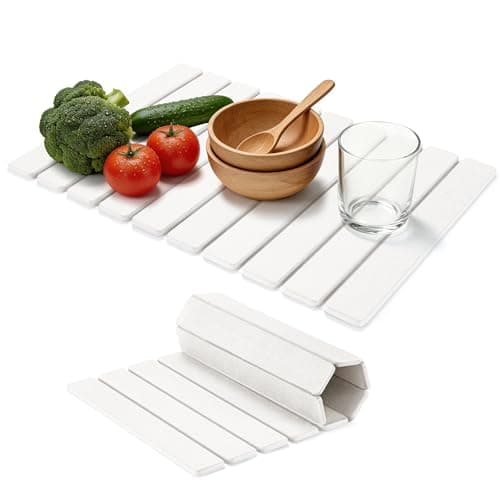 HABUTWAY Large Stone Dish Drying Mat for Kitchen Counter – 24"×16" Collapsible Diatomaceous Earth Mat, Ultra Absorbent & Quick Dry, Foldable Drying Pad for Dishes, Bottles, Cups (White)