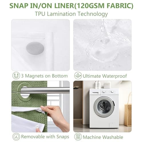 PILOTSHARK No Hook Waffle Weave Shower Curtain with Snap-in Fabric Liner,256GSM Heavy Duty Fabric Shower Curtain Set,Green Waterproof Washable Luxury Shower Curtain for Bathroom Stall (72x75 Inch) - Thumbnail 5
