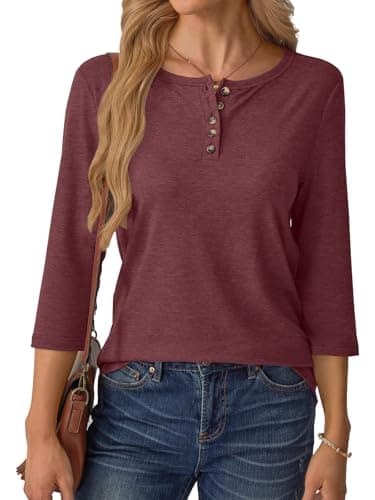 GKBK 3/4 Sleeve Womens Tops Fall Clothes Henley Casual Spring Summer Lightweight Basic Tunic Shirts Wine Red - Thumbnail 2