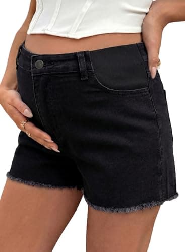 BLENCOT Maternity Jeans Shorts for Women Plus Size Mid Waisted Frayed Hem Stretchy Denim Shorts Comfy Pregnancy Summer Clothes Black 2XL - Image 1