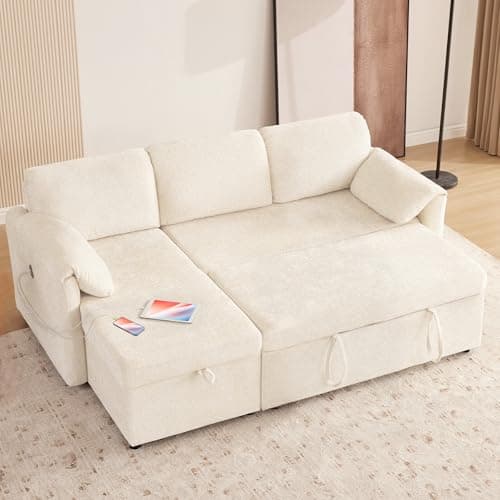 Tbfit 83" Sofa Bed Couch, Pull Out Couch with USB & Type-C Charging, Convertible Sofa Bed with Storage Chaise, Chenille Queen Sleeper Sofa for Small Spaces, Living Room, Apartment, RV, White