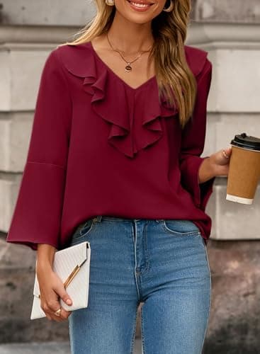 Dokotoo Spring Tops for Women 2026 3/4 Sleeve Blouses Trendy Ruffle V Neck Shirts Business Casual Outfits Trendy Work Shirt Women's Chiffon Red Blouses Large - Thumbnail 3