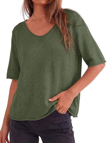 BTFBM Sweaters for Women 2026 Summer Oversized Half Short Sleeve Knitted Pullover V Neck‌ Casual Loose Fit Spring Tops(Army Green, Small) - Thumbnail 6