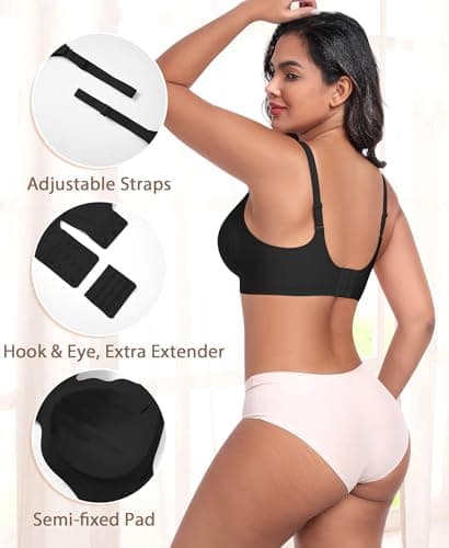 Ganado Scalloped Wireless Bras for Women Seamless No Underwire Bra Full Coverage Padded Comfortable Bralettes (Black, Large) - Thumbnail 3