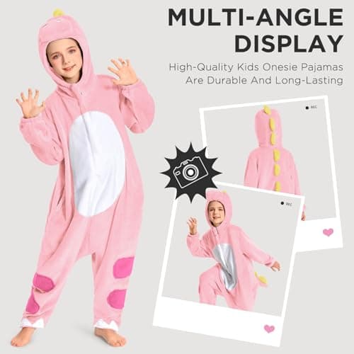 OLAOLA Kids Animal Onesie, Unisex Pink Dinosaur Onesies, Plush Cosplay Pajamas for Girls Boys, One-Piece Sleepwear Halloween Costume - Thumbnail 3
