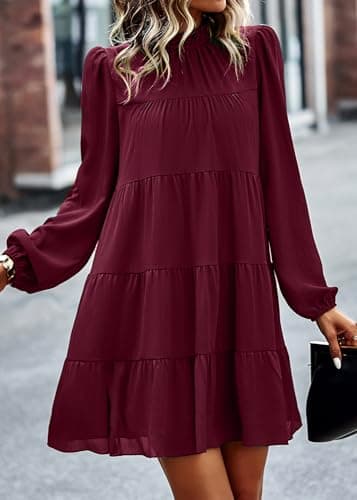 KIRUNDO Long Sleeve Baby Doll Dresses Women 2026 Casual Spring Summer Ruffle Mock Neck Tiered Mini Flowy Swing Shift Dress(Wine Red, X-Large) - Thumbnail 2