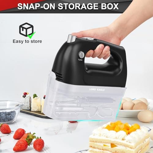 Lord Eagle Hand Mixer Electric Handheld 400W, 5-Speed Lightweight Kitchen Mixer with Storage Case, 5 Stainless Steel Attachments for Baking Cake Egg Cream Food Beater, Turbo+Eject Button, Black - Thumbnail 5