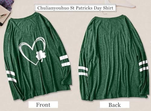 Plus Size St Patricks Day Shirt Women Funny Irish Festival Holiday Long Sleeve Tops Lucky Green Tee T-Shirt - Thumbnail 5