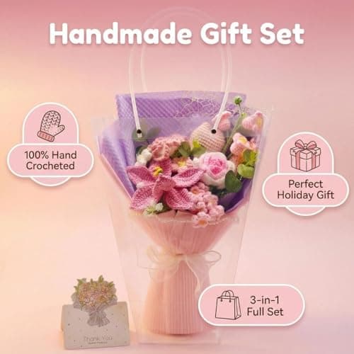 Glazeal Handmade Crochet Flower Bouquet, Artificial Crocheted Flower for Mom Grandma Girlfriend Teahcers with Flower Bag and Card - Thumbnail 2