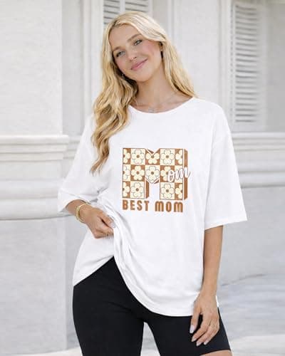 Mom Graphic T Shirt for Women, Best Mom Floral Checkered Letter Print, Cotton Relaxed Fit Casual Tee - Thumbnail 5