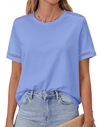 BTFBM Short Sleeve Shirts for Women 2026 Lace Summer Tops Spring Casual Loose Crew Neck T-Shirt Cute Vacation Outfits(Light Blue, X-Large) - Image 1