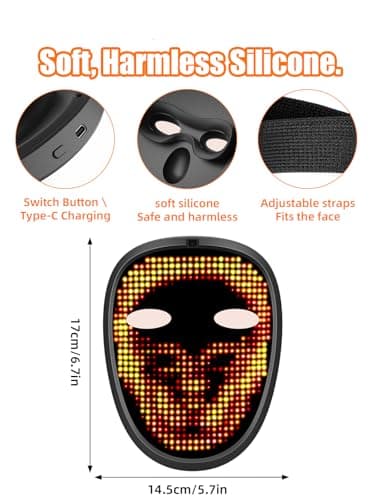 Gelrova LED Mask with 698 LEDs, Gesture Sensing Light Up Mask with 70 Patterns, Comfortable Silicore for Party, Halloween, Cosplay (Small- Manual Control) - Thumbnail 3