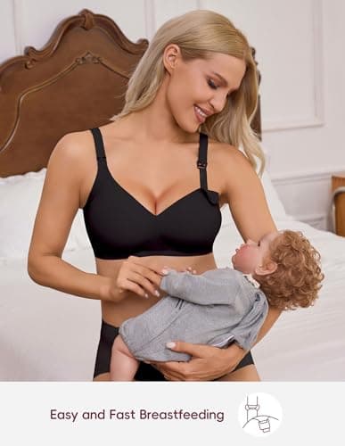 BRATUC Maternity Bras for Breastfeeding Seamless Wireless Support Nursing Bra Soft Comfy Pregnancy Sleep Bralette Medium Black - Thumbnail 4