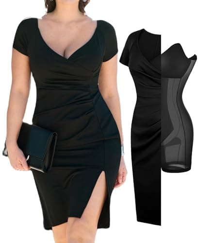 Popilush Womens Shapewear Midi Dress Ruched Bodycon Pencil Dresses Built in Bra Work Wedding Guest Cocktail Black - Image 1