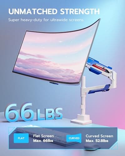 ARES WING CoreArm Single Monitor Mount with USB, Ultrawide Monitor Arm for 24 to 57'' Heavy Duty Curved Screen, Adjustable Gas Spring Monitors Arm Stand up to 66LBS with 75/100/200 Vesa Mount, White - Thumbnail 3