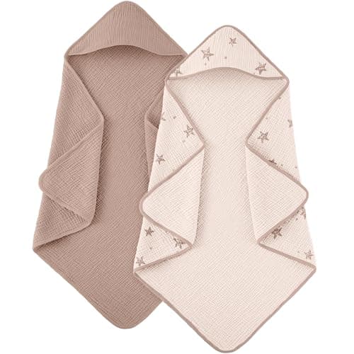 Susurration Hooded Baby Towels for Newborn 2 Pack 100% Muslin Cotton Towel for Babies，Highly Absorbent and Newborn Essential 30x30 Inch Pink Star&Sand - Image 1