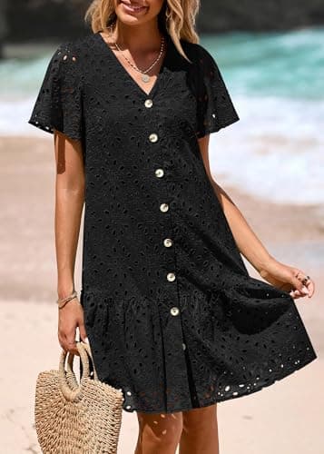 KIRUNDO Eyelet Dresses for Women 2026 Spring Summer Short Sleeve Button Down Loose Mini Babydoll Dress Beach Vacation Clothes(Black, Small) - Thumbnail 6