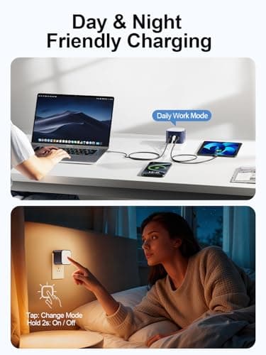 65W GaN USB-C Wall Charger with Touch-Control Night Light, 3-Port Fast Charging Power Adapter (2 USB-C + 1 USB-A), Foldable Plug, PPS Support （Blue） - Thumbnail 3