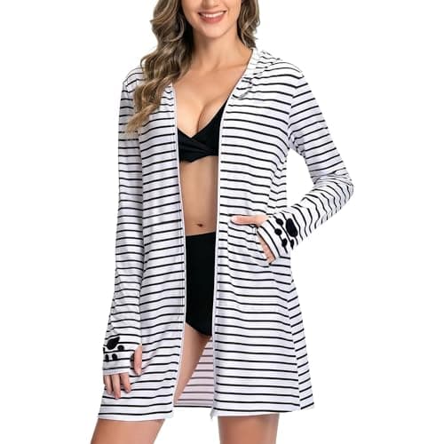 OLAOLA Women's UPF 50+ Swim Cover Up, Long Sleeve Sun Protection Hoodie with Pockets, Lightweight Beach Cover Up for Women (Stripe, M) - Image 1
