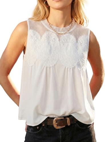 Funlingo Lace-Detailed Blouses for Women Dressy Casual Crew Neck Lace Poplin Mesh Swing Top Tunic Babydoll Shirt Elegant Tank Tops White XL - Image 1