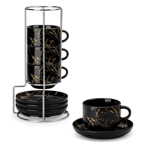 MALACASA 8 OZ Porcelain Espresso Cups with Saucers and Metal Stand Set of 4, Stackable Cappuccino Cups, Marble Black Expresso Shots Cup Set for Coffee Drinks, Latte, Tea