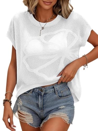 Bellcoco Beach Vacation Clothes for Women Summer Cruise Outfits Spring Short Cap Sleeve Sweaters Womens Sexy Crochet Hollow Out Resort Wear Tops 2026 Beach Coverups Flower White Medium - Image 1