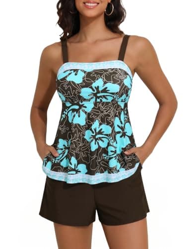 Hilor Womens Tankini Swimsuits with Boyleg Shorts Slimming Two Piece Bathing Suits Modest Tummy Control Swimwear Brown Hawaiian Floral XL/US12-14 - Image 1