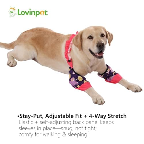LovinPet Front Leg Sleeves for Medium and Large Dogs, 4-Way Stretch Elbow Protection, Anti-Lick Recovery, Warmth and Callus Prevention, Pair, Dinosaur Print, Yellow Purple,3XL - Thumbnail 5