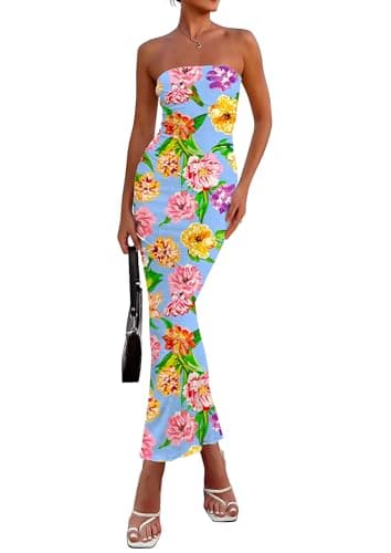 PRETTYGARDEN Women's 2026 Summer Floral Bodycon Maxi Dresses Ribbed Strapless Tube Casual Boho Party Long Dress (Floral Light Blue,X-Large) - Image 1