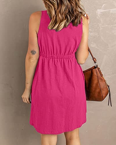 BTFBM Women Sleeveless Summer Dress 2025 Crewneck Ribbed Knit Ruffle Swing Button Down Beach Sun Mini Tank Short Dresses(Buttons Rose Red, Medium) - Thumbnail 4