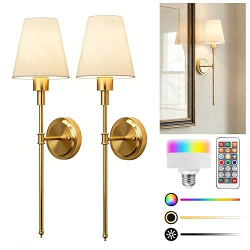 L LOHAS LED Battery Operated Wall Sconces Set of 2, Rechargeable Wall Lights Remote and Dimmable, Sconce Wall Decor Set of 2, Easy Installation, Wireless Wall Lights for Living Room Bedroom, Gold