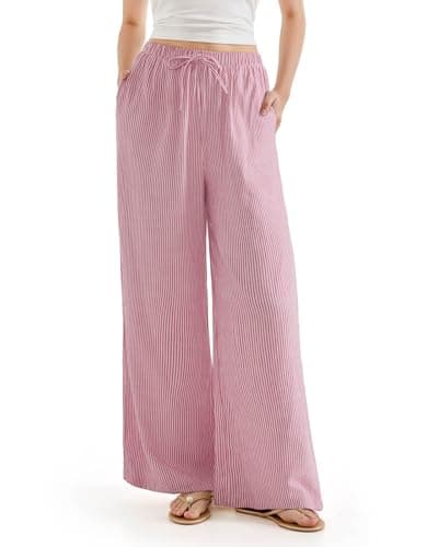 FLYSHEWIN Women Wide Leg Linen Pants with Pocket Casual Flowy Lounge High Waist Loose Palazzo Pants Summer Outfits Petite Trendy 2025 Beach Vacation Travel Outfits(Striped Pink,XS)