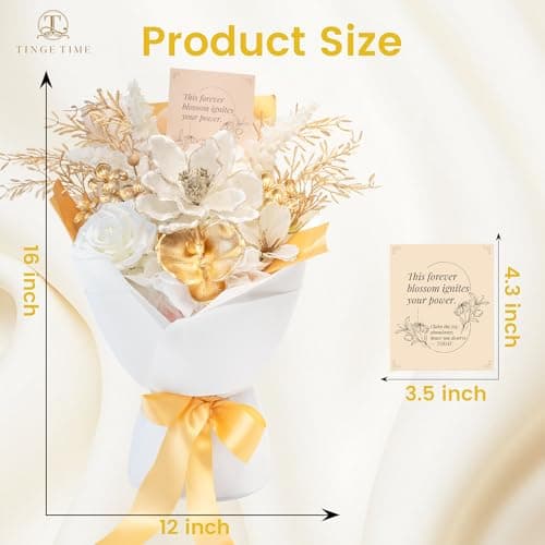TINGE TIME Preserved Flowers Bouquet, Platinum Faux Rose Bouquets, Eternal Roses Bouquet for Wedding, Table Centerpieces, Mothers Day, Birthday Gifts, Anniversary, Graduation(White & Gold) - Thumbnail 4