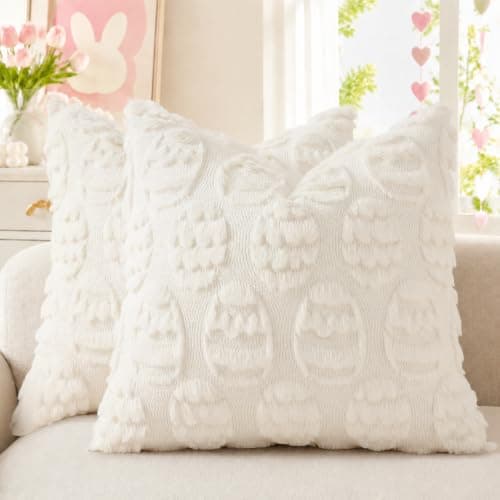decorUhome Cream White Faux Fur Egg Throw Pillow Covers 16x16 Set of 2