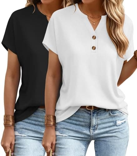 INNOVATOP 2 Pack Womens T Shirts V Neck Short Sleeve Henley Tops Work Business Casual Blouses Summer Dressy Casual Clothes Black/White - Image 1