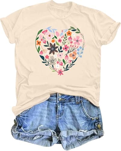 Womens Boho Floral Shirt Vintage Flower Tee T-Shirt Summer Short Sleeve T Shirts Cute Graphic T Shirt(B13A-Beige1,L) - Image 1