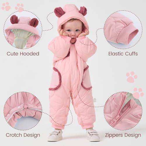 JiAmy Baby Snowsuit Baby Hooded Winter Clothes Newborn Winter Outfit Coat Toddler Boy Girl Clothes Pink 6-9 Months - Thumbnail 3