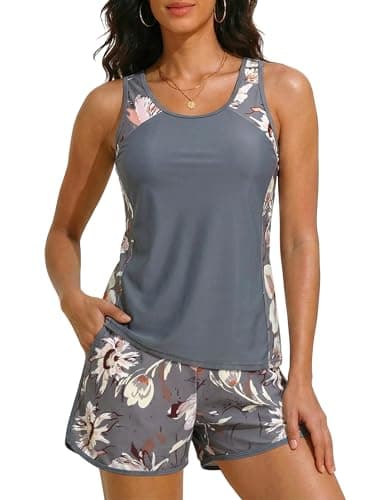 Firpearl Tummy Control Tankini Bathing Suits for Women Modest Two Piece Swimsuits with Shorts and Pockets Grey Floral M/6-8 - Image 1