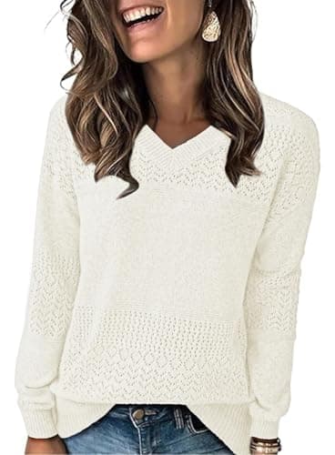 NORACORA Women's V Neck Fall Sweaters Crochet Soft Lightweight Ribbed Knit Loose Pullover Sweater Long Sleeve Tops 2025 Trendy Outfits White - Thumbnail 2