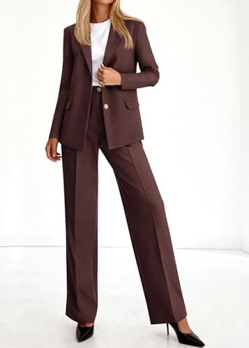 KIRUNDO Womens Suits 2 Piece Set Business Casual Blazer Jacket Wide Leg Dress Pants Suits Professional Work Office Outfits(Coffee, Medium) - Thumbnail 3
