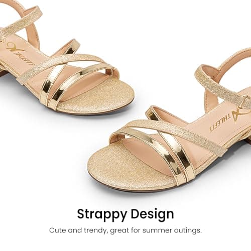 Athlefit Girls Sandals Low Heels Open Toe Flower Girl Summer Dress Easter Shoes for Party Wedding Gold Size 2 Little Kid - Thumbnail 5