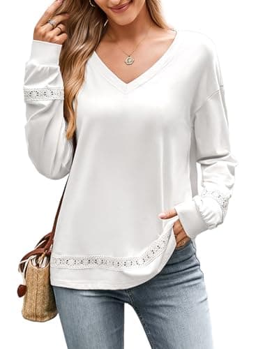 Dokotoo Going Out Tops for Women Fashion 2026 Trendy Dressy Casual V Neck Loose Fit Long Sleeve Hollow Out Lace Embroidered Blouses Shirts Eyelet Spring Outfits Ladies Tops White X-Large - Image 1