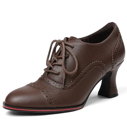 Yremael Women's Brown Oxfords Dress Wingtip Vintage Comfortable Chunky High Heel Lace Up Brogues Booties - Image 1
