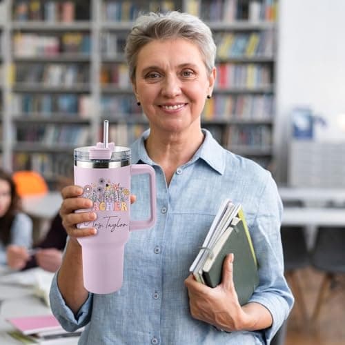 Elemtansy Teacher Appreciation Gifts Personalized Tumbler with Name Custom 40 oz Tumbler with Handle Customized Thank You Teacher Gifts from Students Back to School 2026 Graduation Cup Gifts for Women - Thumbnail 6