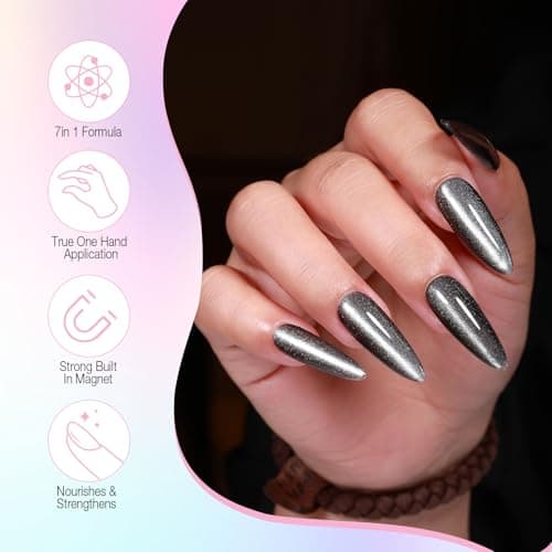 GELLAKTIK 7-in-1 Cat Eye Gel Nail Polish Pen, One Step Magnetic Gel Polish with Detachable Magnet, No Base/Top Coat Needed, Black Gel Nail Polish Glassy Soak Off UV LED Nail Art DIY Home Salon - Thumbnail 2