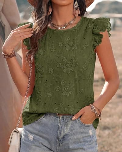 KIRUNDO Blouses for Women Dressy Casual Lace Ruffle Cap Sleeve Tops 2026 Summer Eyelet Floral Embroidered Cute Boho Shirts(Army Green, XX-Large) - Thumbnail 5