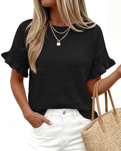 KIRUNDO Short Sleeve Sweater for Women 2026 Spring Summer Tops Crochet Round Neck Ruffled Hem Knit Pullover Casual Blouse(Black, Medium) - Thumbnail 2