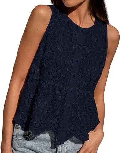 BTFBM Womens Tank Tops 2026 Summer Casual Sleeveless Button Down Shirts Embroidered Eyelet Blouse Beach Vacation Clothes(Navy, X-Large) - Image 1