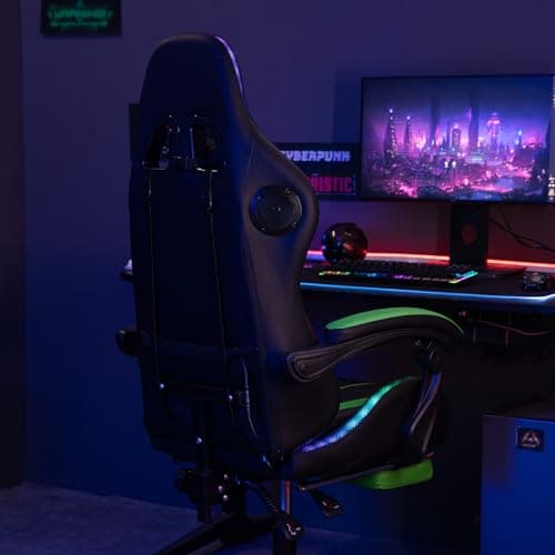 HOFFREE RGB Gaming Chair with Speakers Massage Computer Gaming Chair with LED Lights and Footrest High Back Video Game Chair for Adults Green and Black - Thumbnail 4