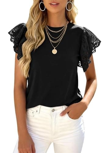PRETTYGARDEN Womens Tops Dressy Casual Hollow Out Short Sleeve Summer Basic Tees 2026 Crewneck T Shirts Trendy Work Blouse (Black, Large) - Image 1